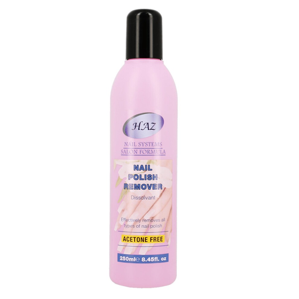 Pink bottle of Haz Nail Polish Remover, 250ml, featuring a black cap and label with white text stating "Acetone Free" and "Effectively removes all types of nail polish."