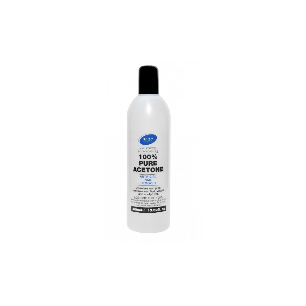Clear plastic bottle of Haz 100% Pure Acetone Nail Polish Remover, 400ml, featuring a black cap and bold blue and black text on a white label, with "Free UK Postage" noted.