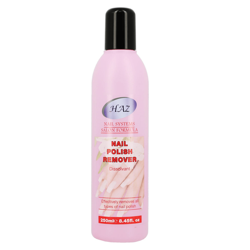 Pink plastic bottle of Haz Nail Polish Remover, 250ml, featuring a black cap and a label with "Nail Polish Remover" in bold red text, emphasizing its effectiveness.