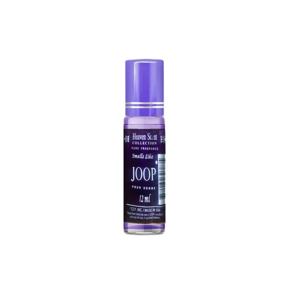 Purple cylindrical bottle with a silver cap, labeled "Heaven Scent Collection" and "Smells Like JOOP Pour Homme," containing 12 mL of fragrance.