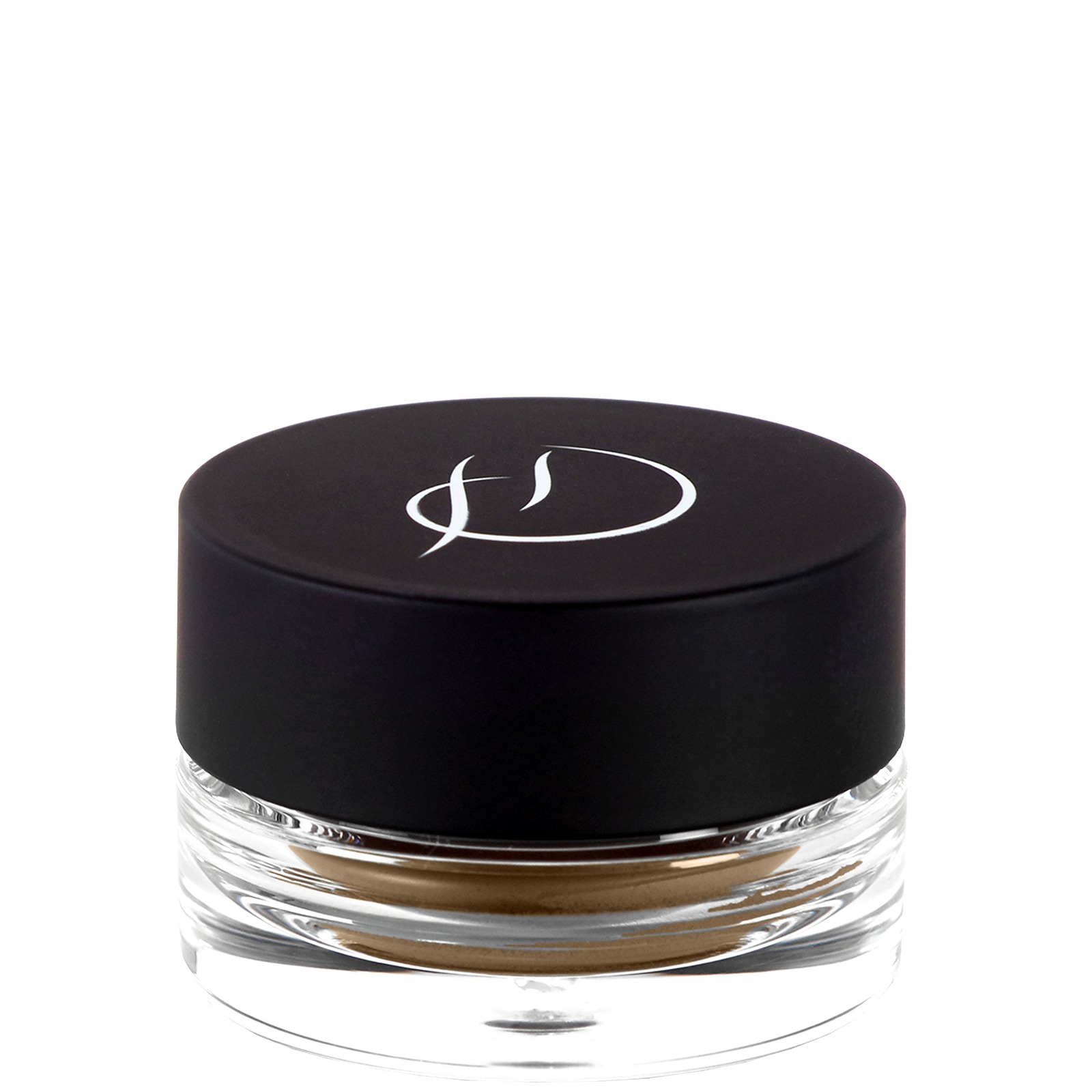 Brow Crème Foxy by HD Brows in a clear glass jar with a sleek black lid featuring the brand's logo, showcasing a rich, warm brown crème for defining brows.