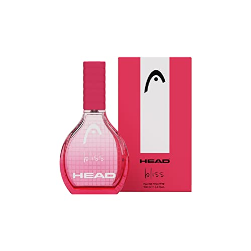 Bright pink bottle of Head Bliss perfume with a curved design, featuring a textured cap and a matching pink box with a minimalist logo and grid pattern.