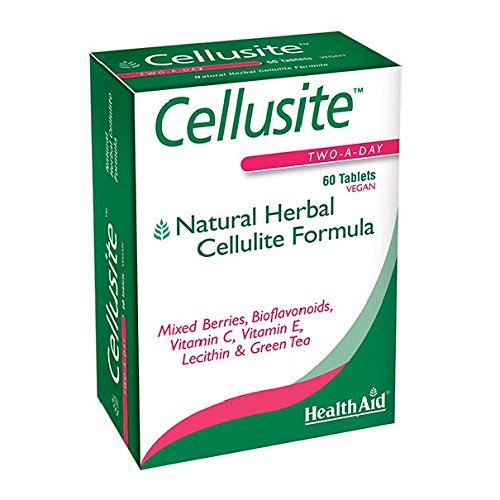 Green and white box labeled "Cellusite" by Health Aid, featuring "Natural Herbal Cellulite Formula" and "Two-a-Day" with images of mixed berries and herbal ingredients.