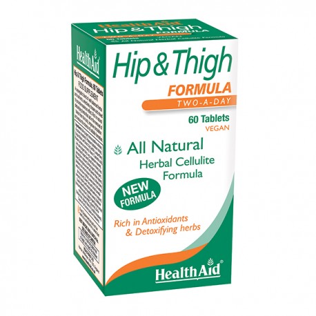Health Aid Hip & Thigh Formula box in green and white, featuring "60 Tablets" and "All Natural Herbal Cellulite Formula" text, with a prominent "NEW FORMULA" label.