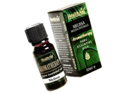 Healthaid Melissa Oil in a dark glass bottle with a black cap, accompanied by a green and black box, labeled "Melissa" and "Aromatherapy," showcasing its 5ml size.