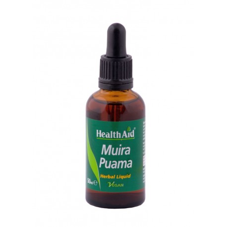 Brown glass dropper bottle with a black lid, labeled in green and white, containing 50ml of Health Aid Muira Puama herbal liquid.
