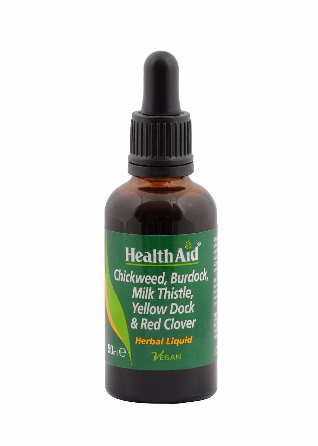 Brown glass dropper bottle with a black lid, featuring a green label that reads "Health Aid Psoriasis Formula" with herbal ingredients listed, 50ml volume, and a vegan symbol.