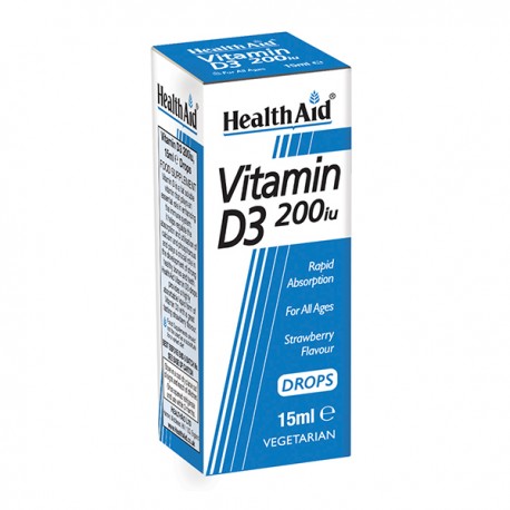 Healthaid Vitamin D3 Drops 200iu in a blue and white box, featuring a strawberry flavour label, with a volume of 15ml and marked as vegetarian.
