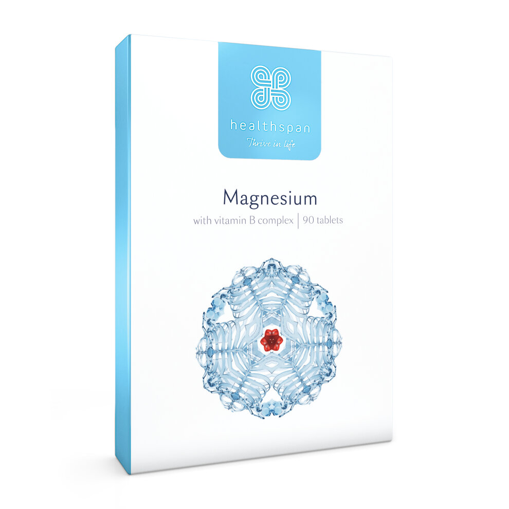 White box featuring a blue logo and text, with a stylized molecular design in blue and a red accent, labeled "Magnesium with vitamin B complex" and containing 90 tablets.