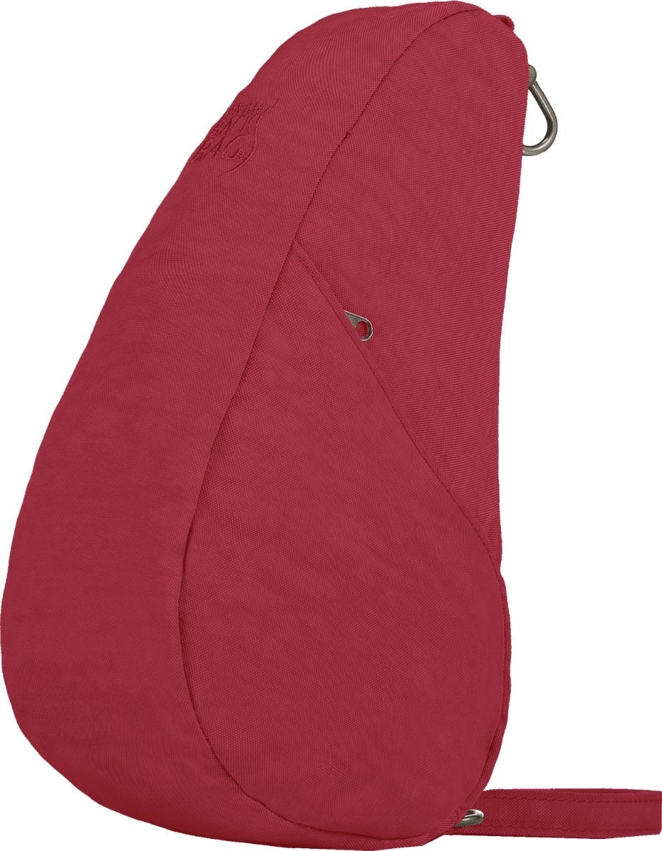 Red textured nylon bag with a sleek, ergonomic shape, featuring a single adjustable strap and a small logo embossed on the front.