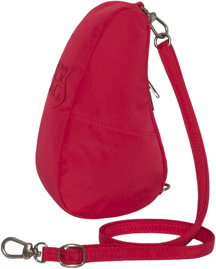 Red, ergonomic Baglett by THE HEALTHY BACK BAG CO, made from durable material, featuring a sleek, teardrop shape and an adjustable strap for comfort.