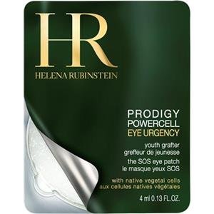 Green packaging featuring gold lettering, showcasing "Helena Rubinstein Powercell Eye Urgency Eye Patches," with a silver peel-back section revealing the product inside.