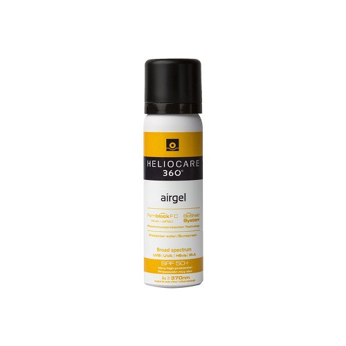 White cylindrical bottle with a black cap, labeled "HELICOCARE 360° airgel SPF 50+" in yellow and black, featuring a broad spectrum protection symbol and 60 ml capacity.