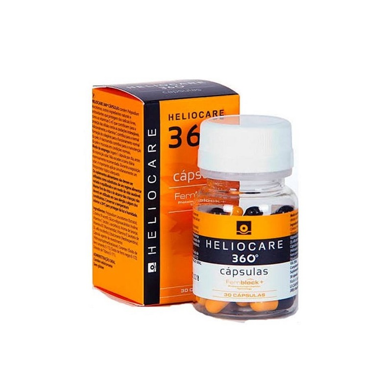 Heliocare 360 Supplements in a clear bottle with an orange and white label, featuring 30 capsules, alongside a matching orange box with bold black text.