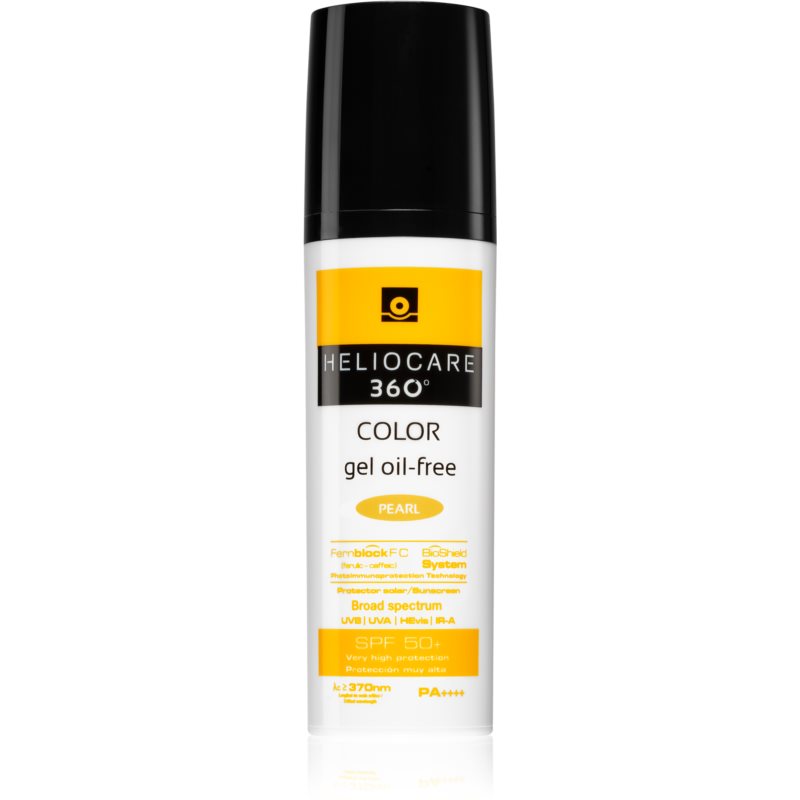 Heliocare 360° Color Oil-Free Gel SPF50+ PA++++ in a 50ml white and yellow bottle with a black pump cap, labeled "Pearl" for broad-spectrum sun protection.