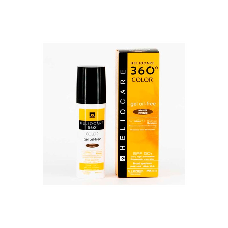 Heliocare 360 Gel Oil Free Bronze Intense SPF 50 in a 50ml white and orange bottle with a black cap, featuring a sleek design and labeled for broad-spectrum sun protection.