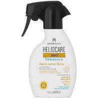 White spray bottle with a black nozzle, labeled "Heliocare 360 Pediatric Atopic SPF 50," featuring a sun icon and "250 ml" indication, designed for children's sensitive skin.