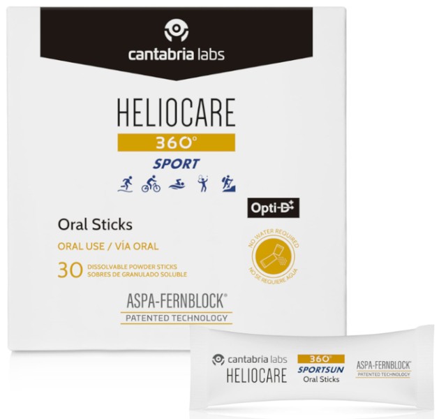 Heliocare 360 Sportsun 30 Sticks package featuring a white box with blue and yellow accents, containing dissolvable powder sticks for oral use, marked with "Opti-B" and "ASPA-FERNBLOCK" technology.