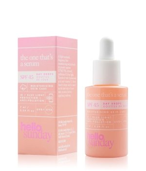 A peach-colored serum bottle with a dropper cap, labeled "the One That's a Serum SPF 45," alongside a matching pink box featuring white text and graphics.