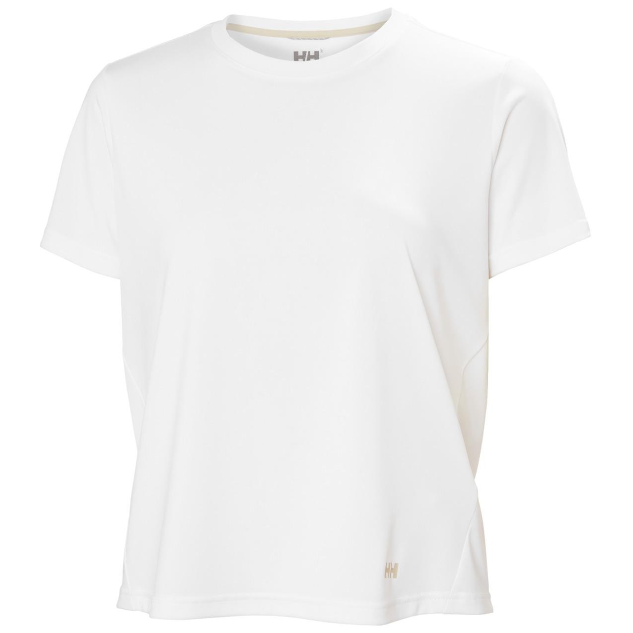 White women's jersey t-shirt by Helly Hansen, featuring a relaxed fit, short sleeves, and a subtle logo on the hem, made from lightweight, breathable material.