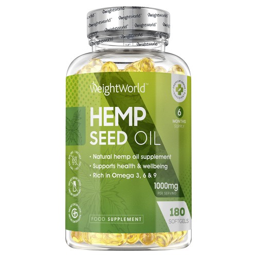 Clear plastic bottle with a silver cap, featuring a green label that reads "Hemp Seed Oil" and details about the 1000mg softgels, containing 180 capsules for a 6-month supply.