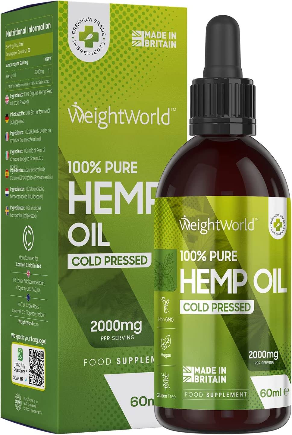 Dark amber glass bottle with a dropper, labeled "100% Pure Hemp Oil Cold Pressed," 60ml, with green accents and a box featuring nutritional information and "Made in Britain."