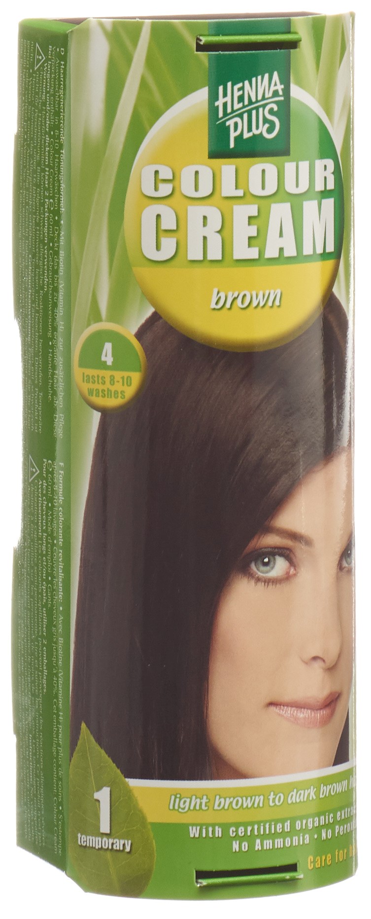 Henna Plus Colour Cream in a green and yellow box, labeled "4 Braun," featuring a woman's dark brown hair, highlighting its ammonia-free formula for temporary color lasting 8-10 washes.