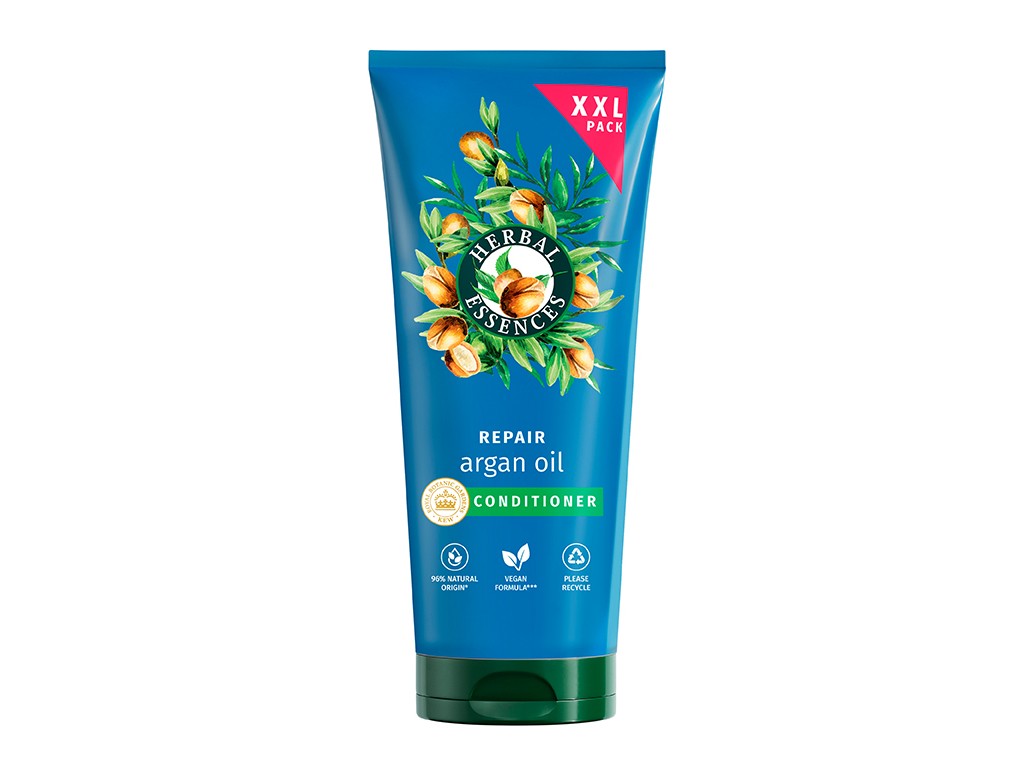 Bright blue tube featuring a green label, adorned with argan oil and herbal graphics, labeled "Repair" and "Conditioner," with a "XXL Pack" designation at the top.