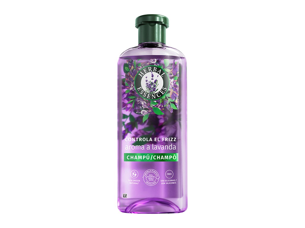 Lavender-scented Herbal Essences Anti-Frizz Shampoo in a 350ml clear bottle, featuring a purple hue, green cap, and floral design with text in Spanish.