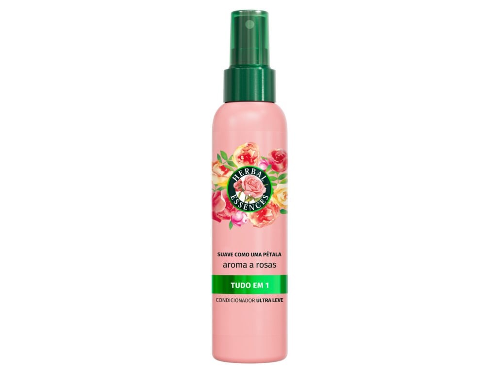 Pink spray bottle of Herbal Essences Rose Scent Petal Soft Conditioner, featuring a green spray top and floral design, labeled for dry and damaged hair, 145ml.