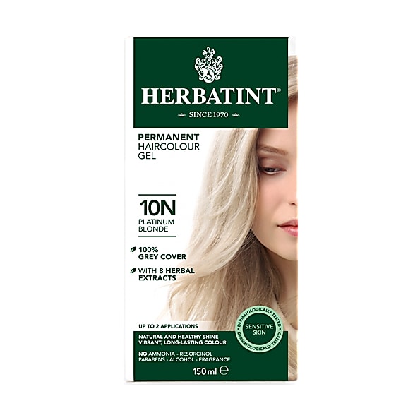 Herbatint 10N Platinum Blonde Hair Dye 150ml features a white box with green accents, showcasing a model with long, light blonde hair and highlighting the product's herbal extracts and 100% grey cover.
