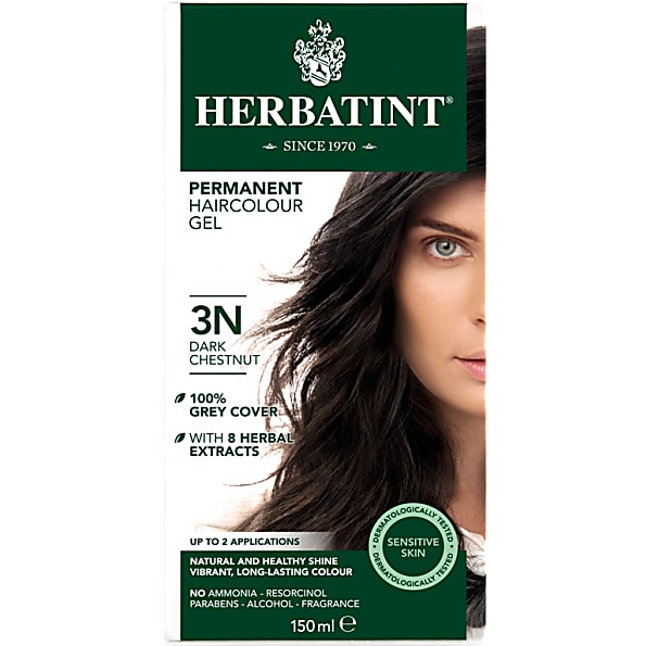 Herbatint Permanent Hair Colour Gel in Dark Chestnut, 150 ml, featuring a green and white box with a model's hair color, highlighting 100% grey cover and eight herbal extracts.