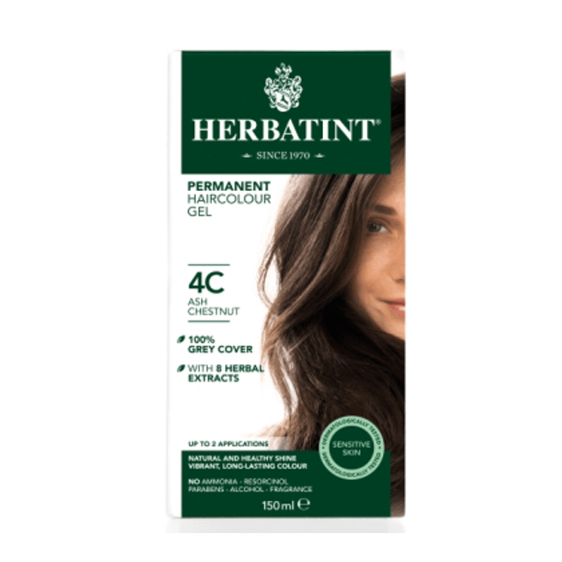 Herbatint 4C Ash Chestnut hair colour gel in a 170ml box, featuring a model with dark, shiny hair, and highlighted text about being ammonia-free and containing herbal extracts.