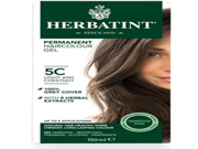 Light Ash Chestnut hair color gel in a 170ml tube, featuring a model with long, dark hair and a green and white packaging design highlighting herbal extracts.