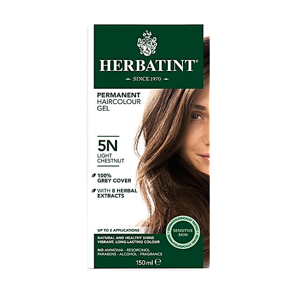 Herbatint Permanent Hair Colour Gel in Light Chestnut, 150 ml, features a green and white box with a model showcasing rich, natural-looking hair color and mentions 100% grey cover.