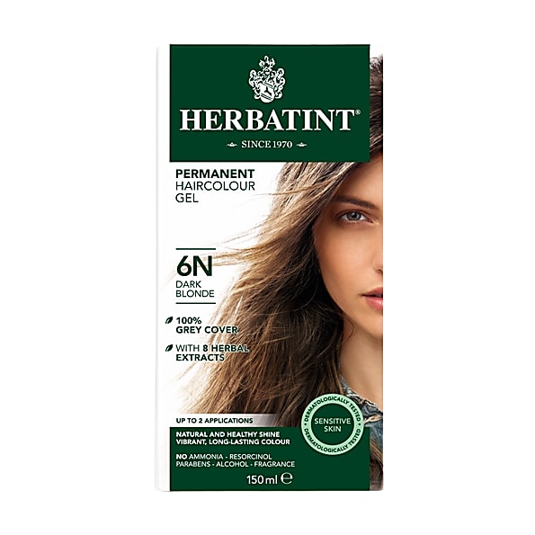 Herbatint Permanent Hair Colour Gel in Dark Blonde, 150 ml, features a green and white box with a model showcasing vibrant hair, highlighting key benefits like 100% grey cover and herbal extracts.