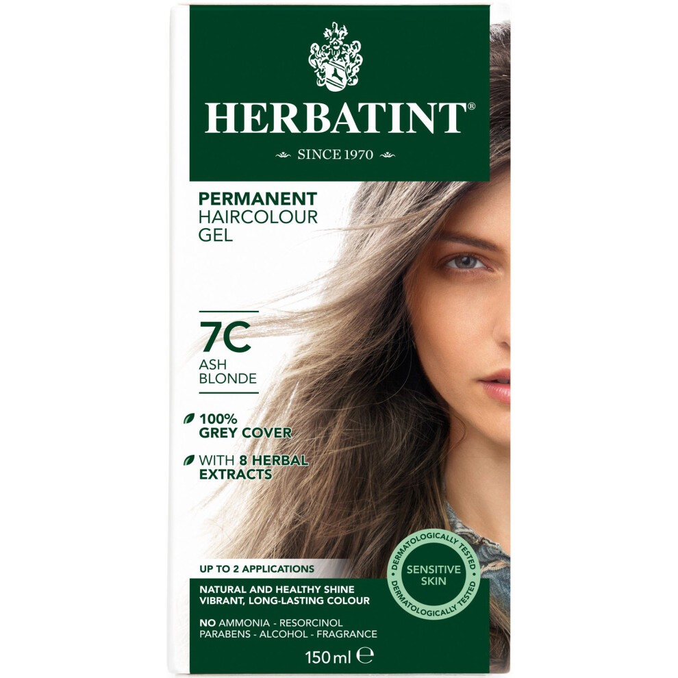 Ash Blonde (7C) Herbatint Permanent Hair Colour Gel in a 150ml green and white box featuring a model with long hair, highlighting key features like 100% grey cover and herbal extracts.