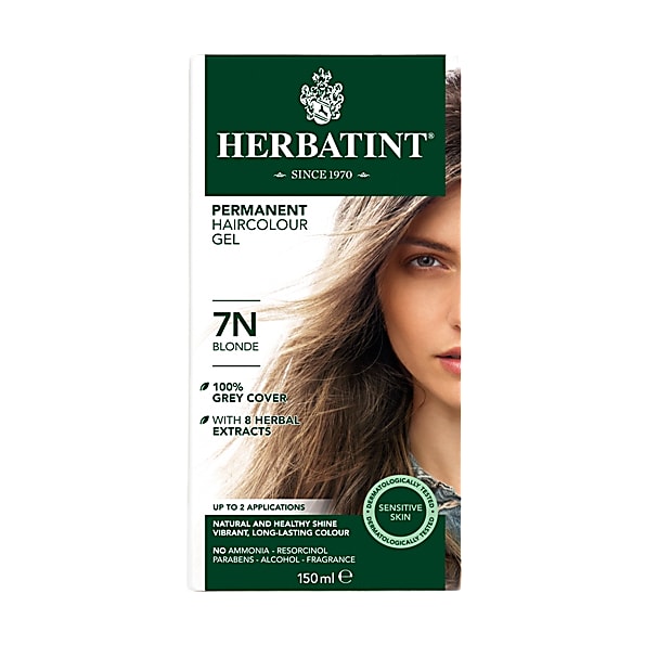 Herbatint Permanent Hair Colour Gel in Blonde, featuring a green and white box with a model's face, claims 100% grey coverage and contains 8 herbal extracts for sensitive skin.