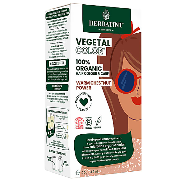 Herbatint Organic Warm Chestnut Power Vegetal Colour 100g package features a vibrant design with a cartoon woman wearing sunglasses, highlighting the product's organic and vegan attributes.