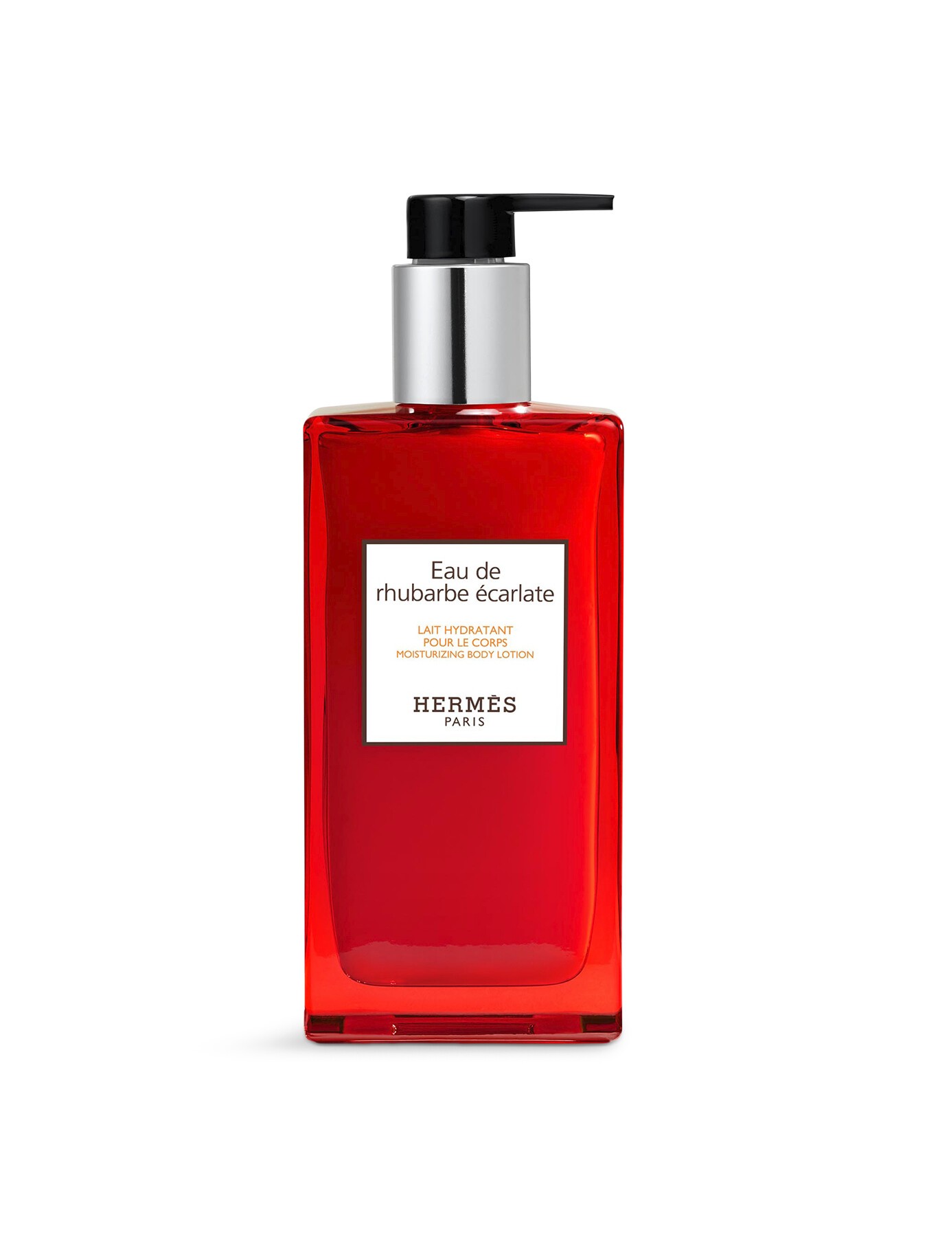 A sleek, red plastic bottle of Hermès Eau De Rhubarbe Écarlate Moisturizing Body Lotion, featuring a silver pump and a white label with black text.