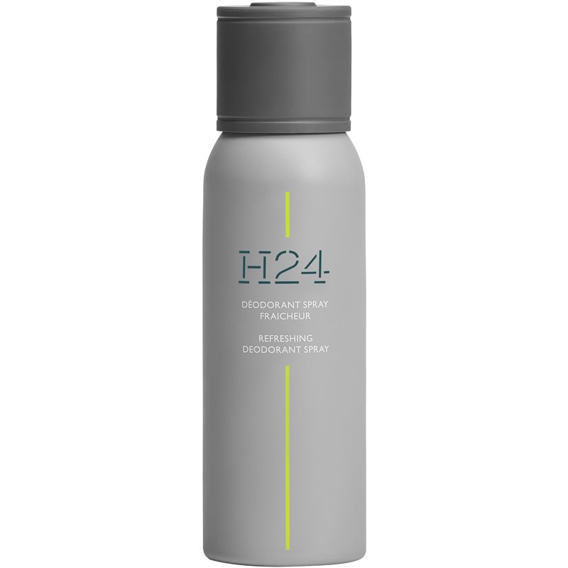 Gray cylindrical spray deodorant bottle with a gray cap, featuring a vibrant green stripe and "H24" label in blue, indicating a refreshing scent, 150 ml volume.