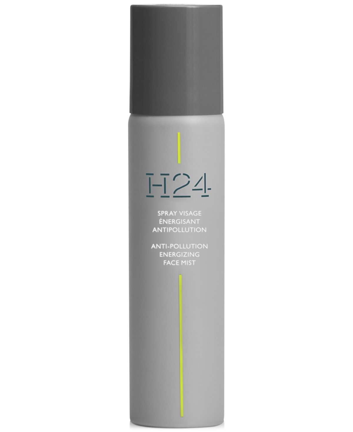 Hermès H24 Energizing Anti-Pollution Face Mist in a sleek gray bottle with a green stripe, featuring a spray nozzle and labeled with product details.