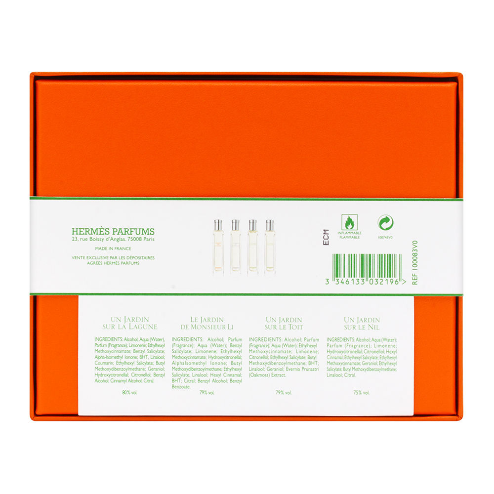 Orange box gift set containing four 15ml Eau de Toilette bottles from Hermès La Collection Des Parfums, featuring elegant labeling with fragrance names and ingredients.