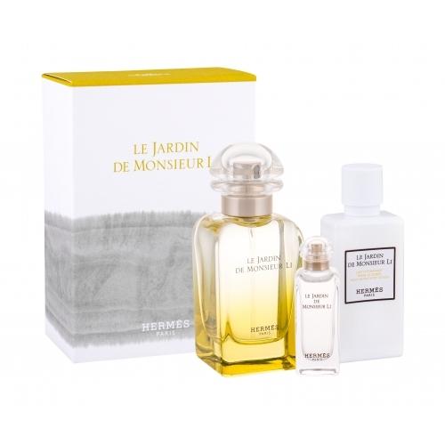 Set includes a clear glass bottle of Le Jardin De Monsieur Li EDT with a round cap, a mini EDT, and a white body lotion bottle, all presented in a stylish box with a gray and gold design.