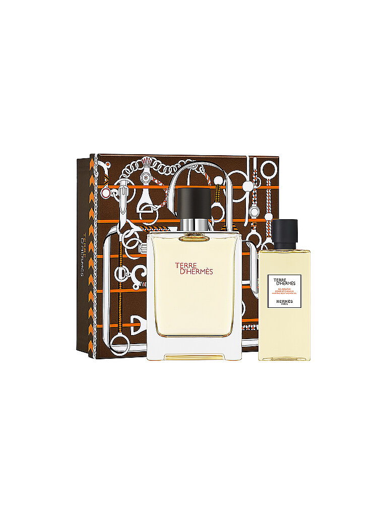 Hermès Terre D'Hermès gift set featuring a 100ml clear glass EDT bottle and an 80ml shower gel, presented in a decorative brown box with a distinctive pattern.