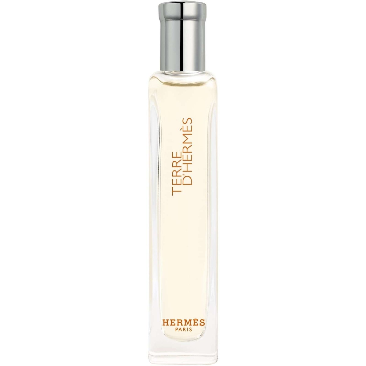 Clear glass bottle of Hermès Terre D'Hermès Eau De Toilette, 15ml, featuring a silver cap and a gold logo on the front, showcasing a light amber liquid inside.