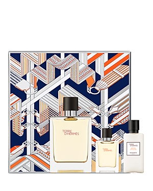 Terre D'Hermès 3-piece men's fragrance set featuring a 3.3 oz EDT spray, 0.42 oz EDT spray, and 1.35 oz after-shave lotion, presented in a colorful geometric box.
