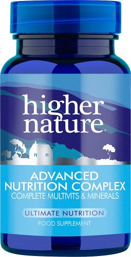 Blue glass bottle with a white label featuring "higher nature" logo, labeled "ADVANCED NUTRITION COMPLEX," containing 180 multi tablets for complete multivitamins and minerals.