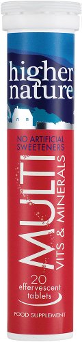 Red and blue cylindrical tube labeled "Higher Nature Fizzy Multi" containing 20 effervescent tablets, featuring "No Artificial Sweeteners" and "Vits & Minerals" in white text.
