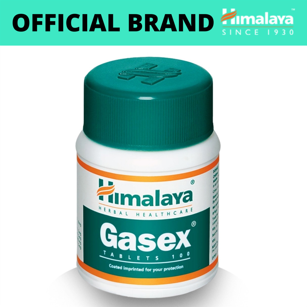 White plastic bottle with a green cap, labeled "Gasex" in orange and white, containing 100 herbal tablets, featuring the Himalaya Herbals logo and branding.